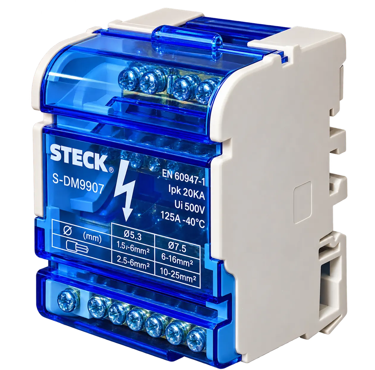 Bloque de Distribución STECK SDM9907 – 125A, 4 DIN, 4 Barras